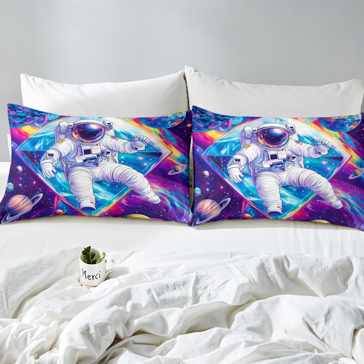 Feelyou Astronaut Sheet Set Queen Size Kids Outer Space Sheets with Deep Pocket Fitted Sheet for Boys Teens Cosmonaut Spaceman Bed Sheets Set Breathable Galaxy Bedding Set Universe Planets Bed Set