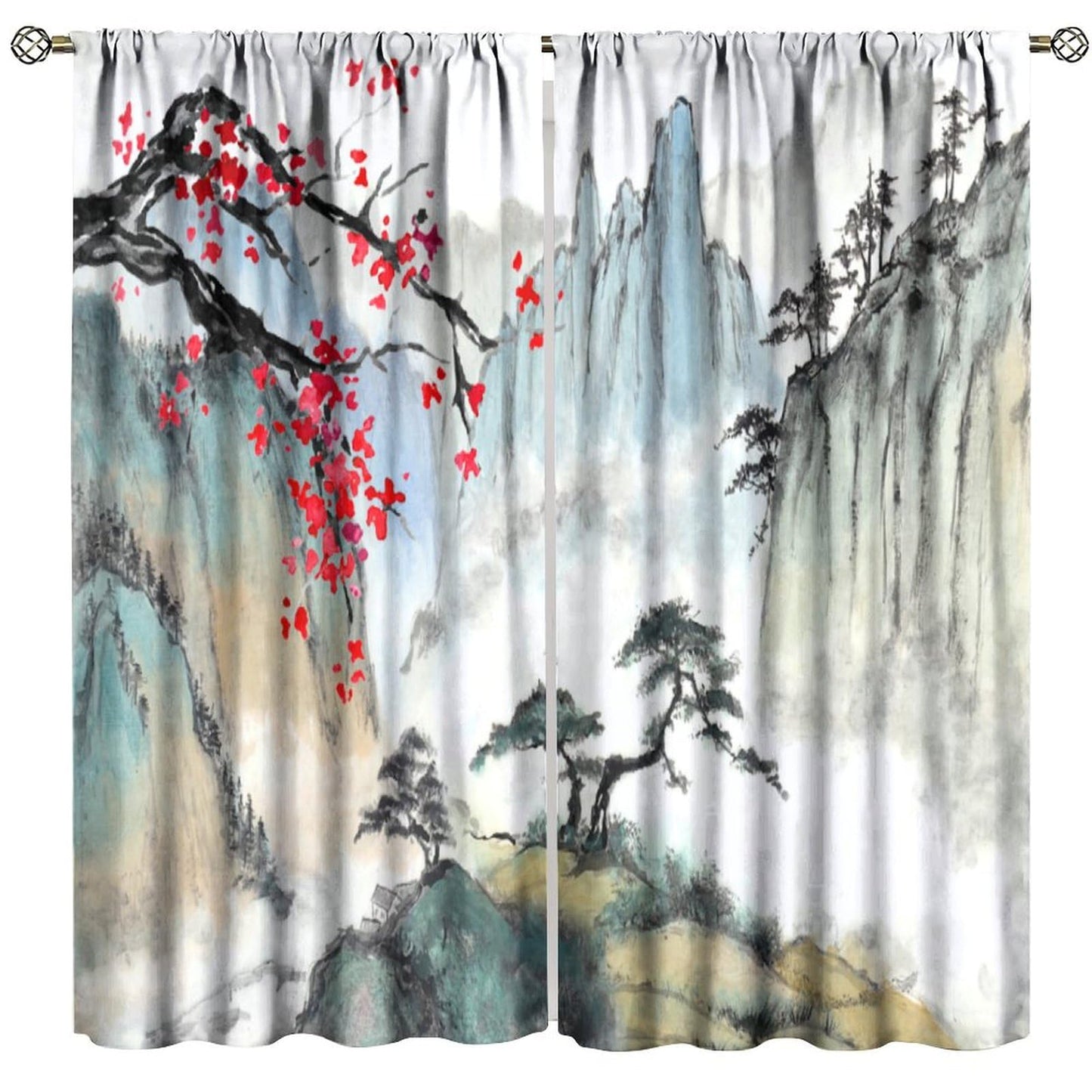 Japanese Curtains, Cherry Blossom Asian Oriental Chinese Nature Mountain Red Floral Flowers Lake Tree Art Print Window Drapes For Bedroom Living Room Kitchen Decor,2 Panel Set,42x45 Inch Decor
