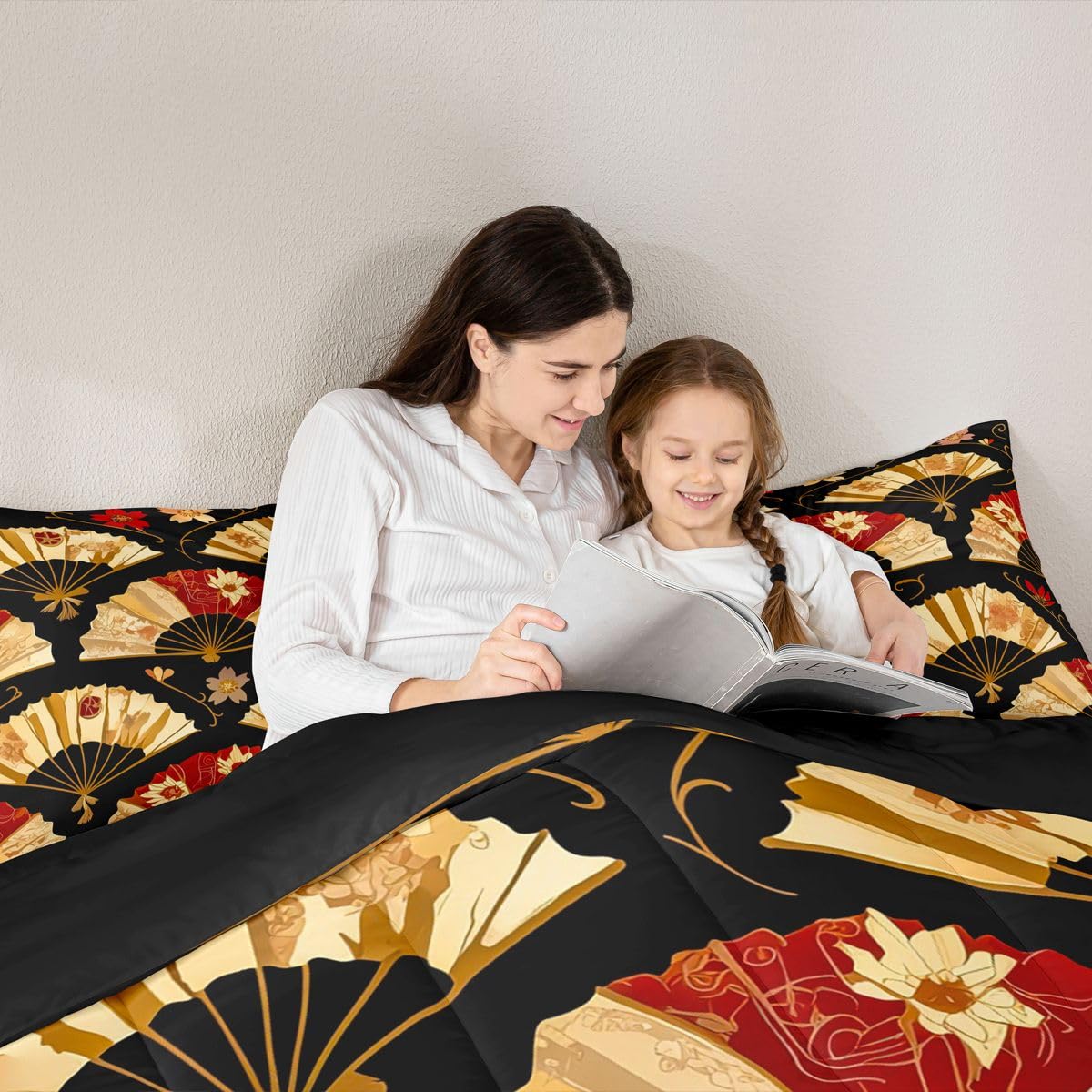 Erosebridal Japanese Folding Fans Kids Comforter Set | Japanese Style Bedding Full Size Cherry Blossoms Down Comforter Gold Fan with Floral Pattern Duvet Set for Bedroom