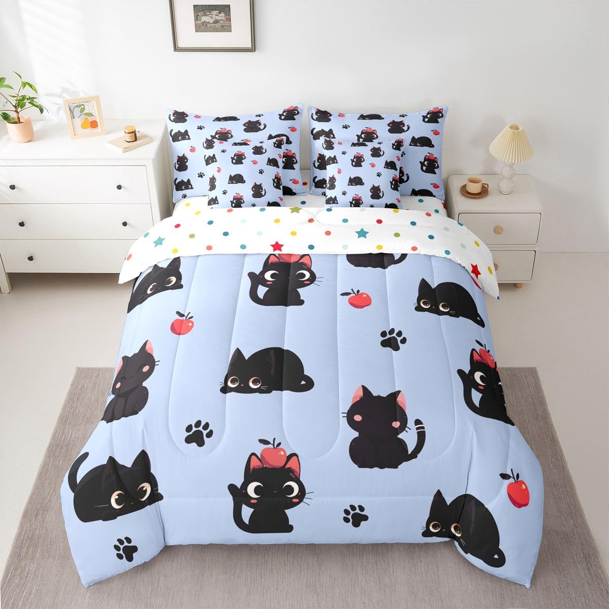 Erosebridal Cute Black Cats 7-Piece Bedding Set Full Size for Kids Girls Teens - Cartoon Black Cats Bed in a Bag Lovely Cat Paw Print Comforter Set with Sheets Kawaii Animal Cat Duvet Insert