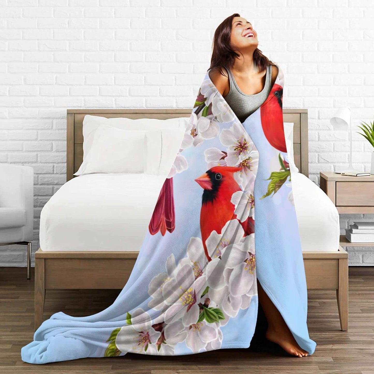 Perinsto Red Cardinal Birds and Cherry Flowers Throw Blanket Ultra Soft Warm All Season Decorative Fleece Blankets for Bed Chair Car Sofa Couch Bedroom 50"X40"
