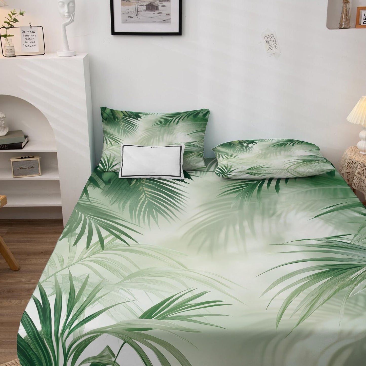 NOGAWA Palm Leaf Sheets Queen Size, Green Leaf Tropical Bed Sheets, Patterned Bedding Sheets & Pillowcases 4 Piece Set - Soft Microfiber Deep Pocket Fitted Sheet & Flat Sheet & 2 Pillow Cases