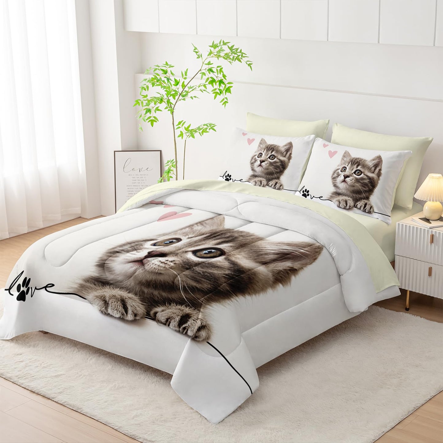 AILONEN 3D Kids Kawaii Cat Comforter Set Twin Size,7-Piece Fuzzy Ball Kitten Bed in a Bag,Cute Pet Cat Lover Comforter & Fitted Sheet with Flat Sheet & 2 Pillowcases,2 Pillow Cases for Bedroom,Soft