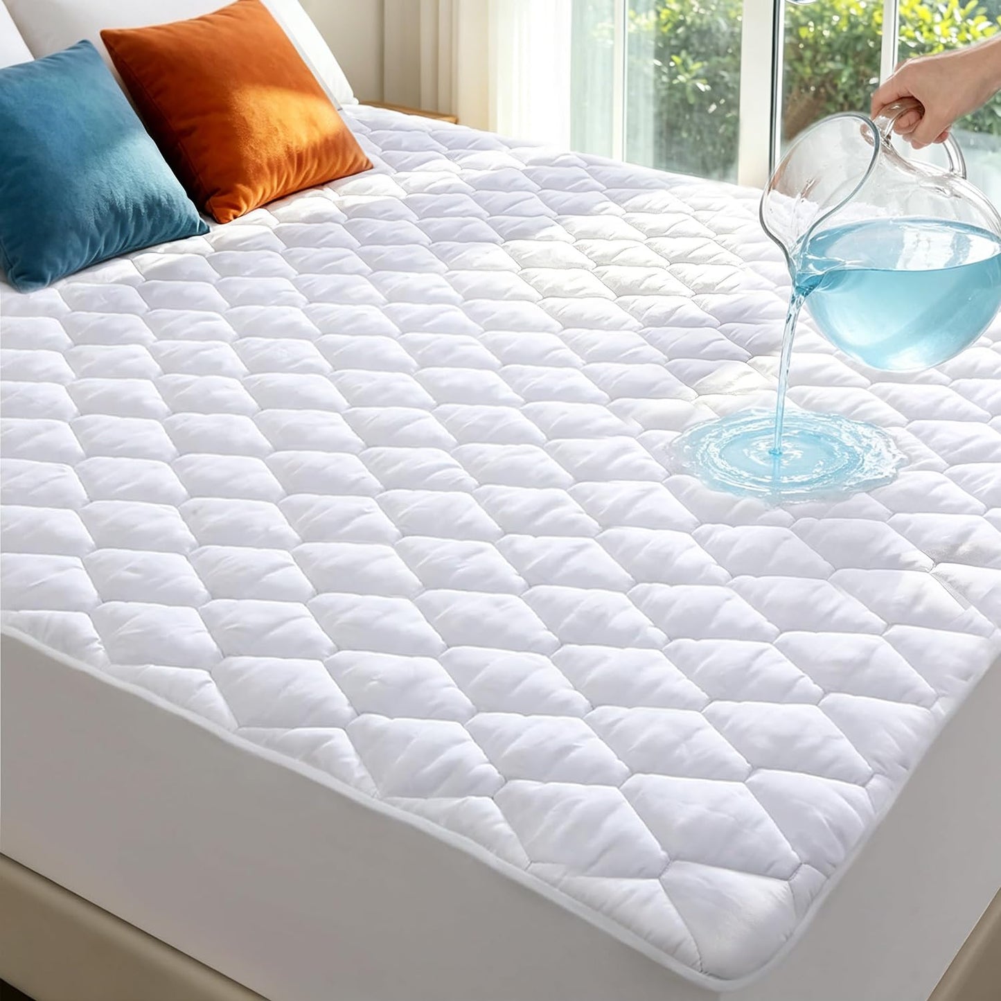 Queen Mattress Protector Waterproof Washable Mattress Padded Cover Fitted Queen Size Bed Protection Noiseless Plastic Bed Pad Deep Pocket Up to 18“ Soft and Breathable（White）