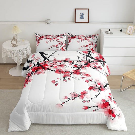 Feelyou Cherry Blossoms Bedding Set for Kids Boys Girls Queen Size Sakura Flower Comforter Set Ultra Soft Japanese-Style Comforter Floral Botanical Duvet Quilt Bedroom Decor Spring Quilt