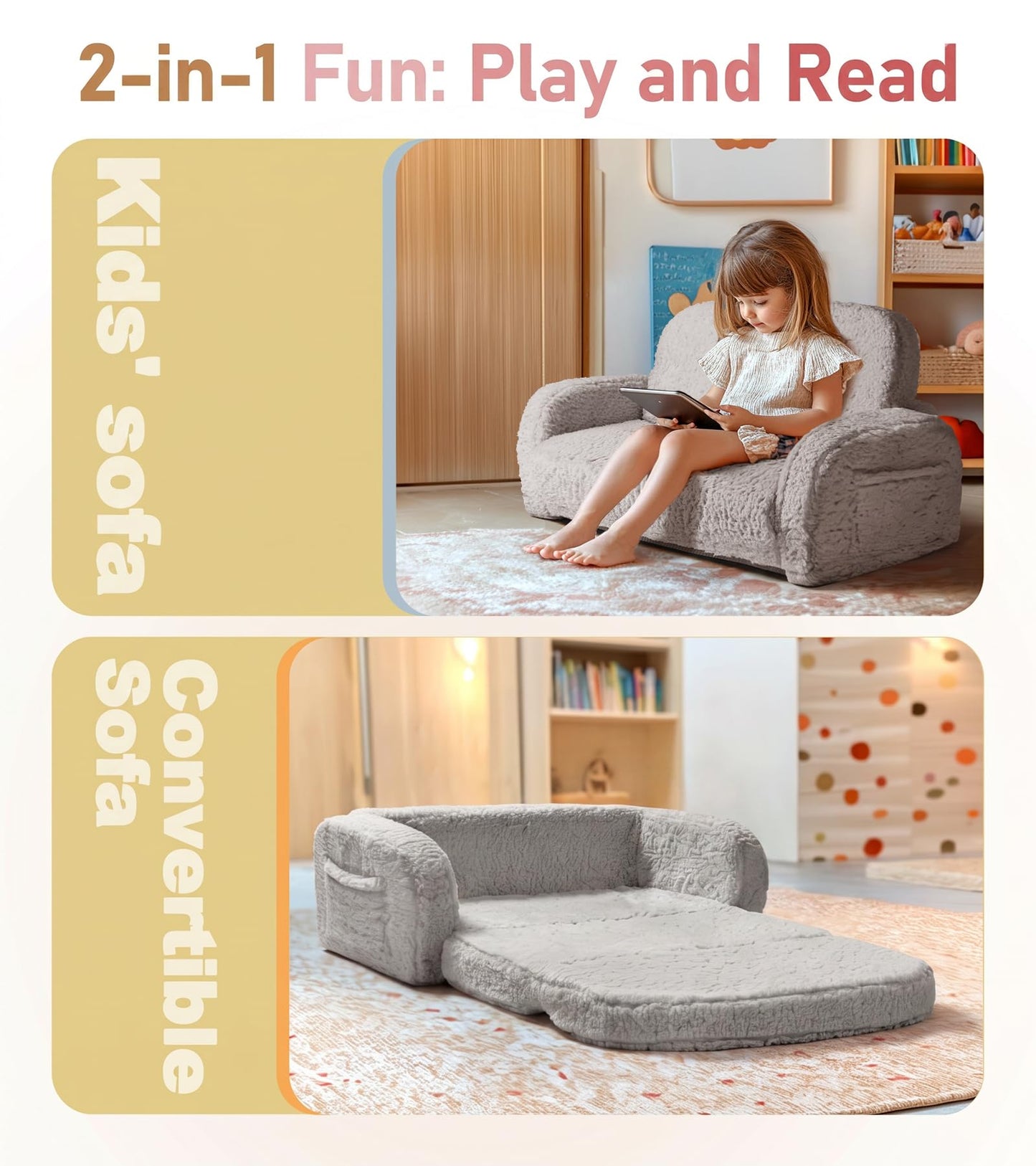 little dove 2-in-1 Sherpa Fold Out Kids Couch, Extra Wide Comfy Kid Chair, Convertible Kids Sofa, Foldable Kid Couch with High Density Foam for Boys & Girls, Gray