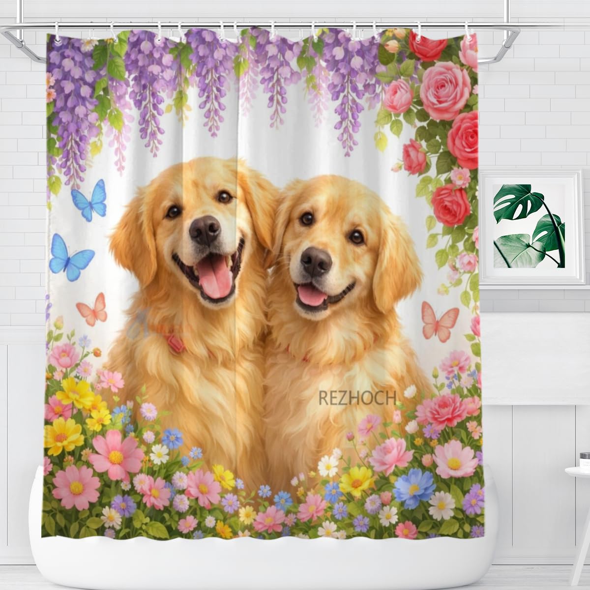 REZHOCH Fun Golden Retriever Shower Curtain 72x72 Inch,Floral Dog Bathroom Decor Spring Summer Garden Flowers Wisteria Rose Butterfly,Cute Animal Waterproof Fabric Bath Set with Hooks