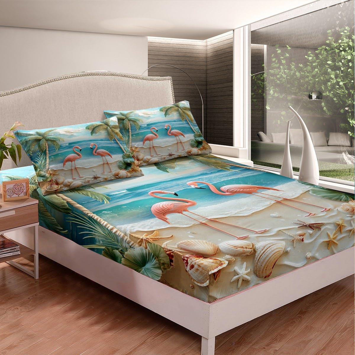 jejeloiu Hawaiian Beach Fitted Sheet Full Size Kids Palm Leaf Tropical Flamingo Bed Sheets Set for Boys Girls Teens Summer Sea Ocean Wave Starfish Seashell Conch Bedding Set Room Decor