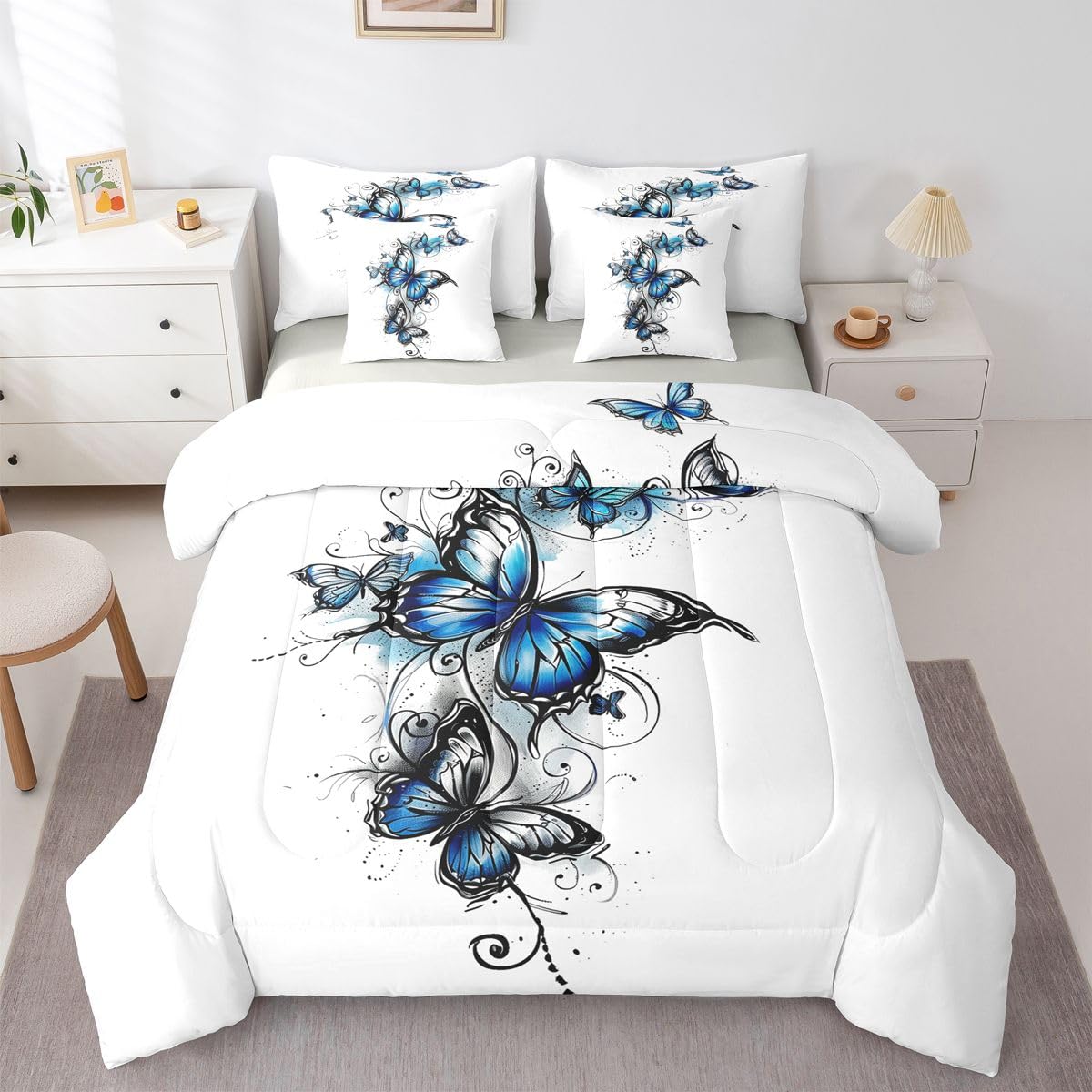 Erosebridal Stained Glass 7 Piece Bedding Set Twin Watercolor Blue Butterfly Comforter Set with Sheets Fresh Floral Lines Bed in a Bag Rococo Scroll Bed Sets Comforter