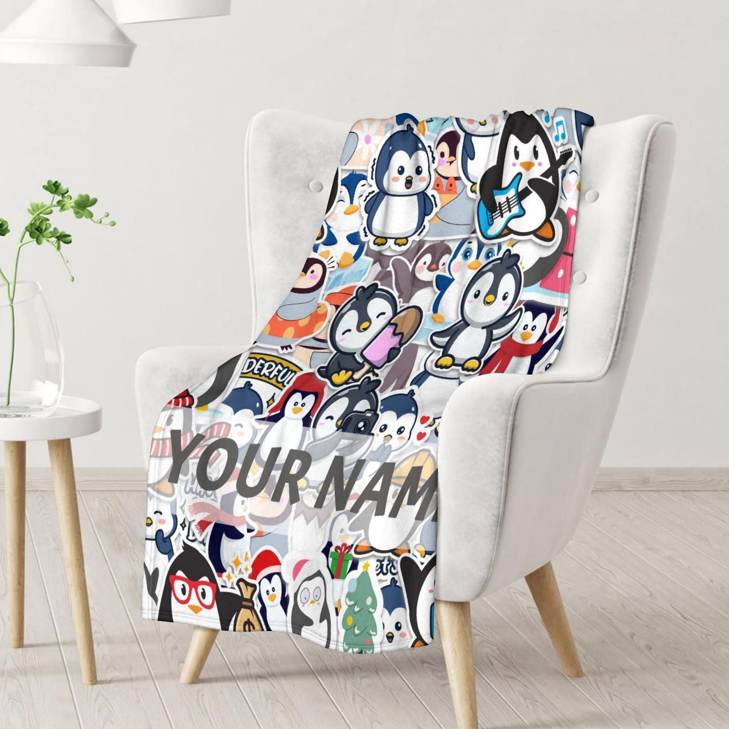 Personalized Penguin Throw Blanket Gifts with Name - 50"x60" Blanket for Adults, Kids - Colorful Soft Plush Blankets for Bed, Couch, Sofa