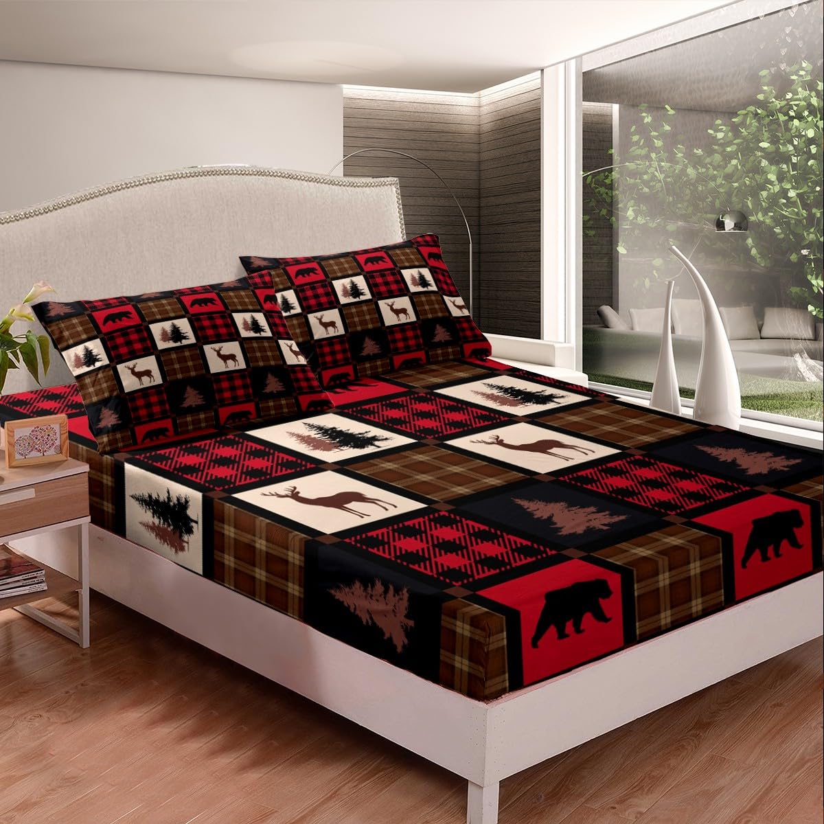 Erosebridal Rustic Deer Bed Sheets for Kids Teens Adult,Hunting Deer Patchwork Sheet Set Full,Retro Burgundy Buffalo Plaid Check Bedding,Hunting Animal Wildlife Flat Fitted Sheet with 2 Pillowcases