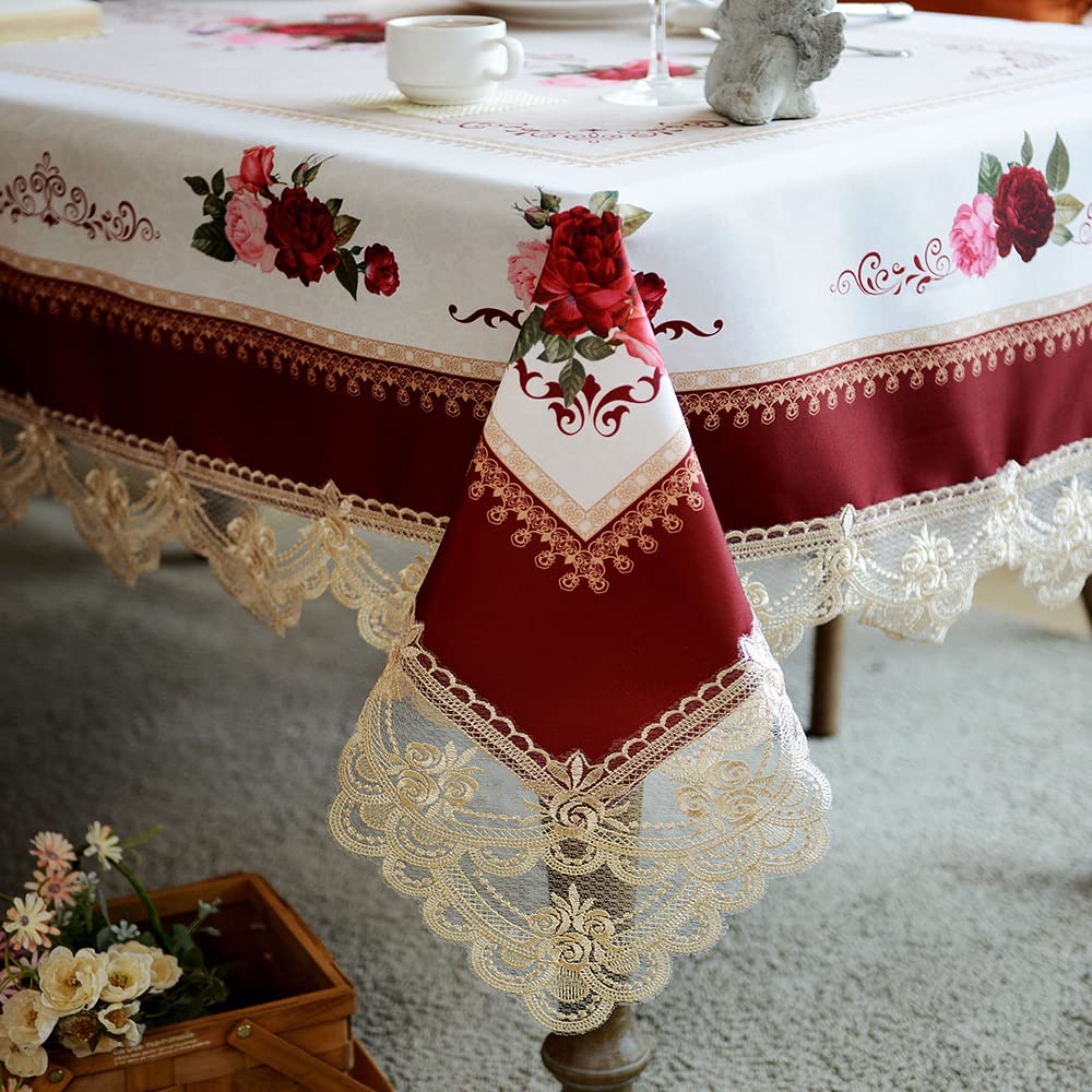 SUTAVIA Lace Embroidered Table Cloth,Rectangular Farmhouse TableCover,Classic Oblong Antique Flower Decor Macrame Tablecloth (Burgundy, Rectangle/Oblong, 52 x 70 Inch,4-6 Seats)