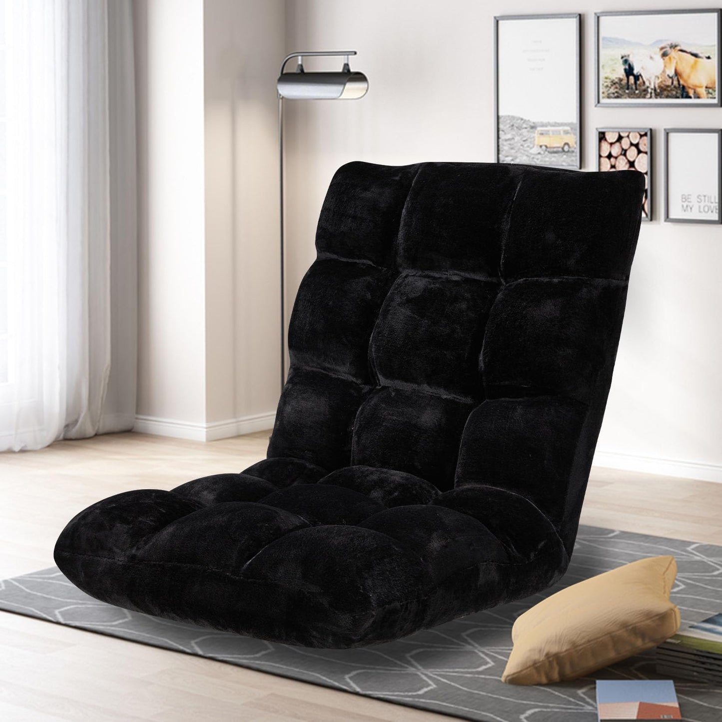 Buymoth Floor Chair 14 Adjustable Positions w/Back Support, Padded Lazy Sofa w/Breathable Cotton & Skin-Friendly Coral Velve for Reading Meditating Gaming,Black