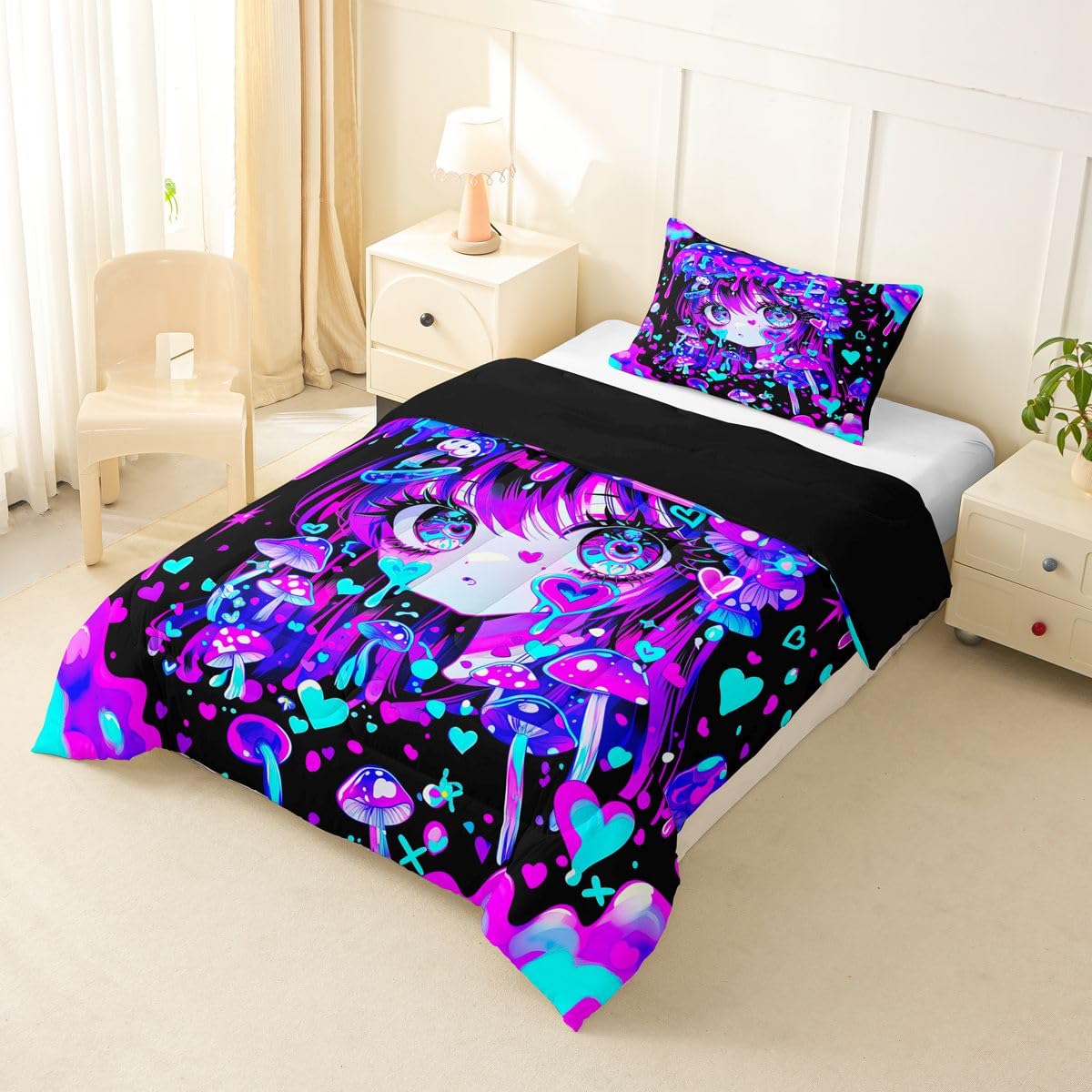 Erosebridal Japanese Girl Bedding Twin,Cartoon Girly Comforter Set 3D Anime Gifts Bed Sets Colorful Graffiti Print Duvet Insert 2 Pieces