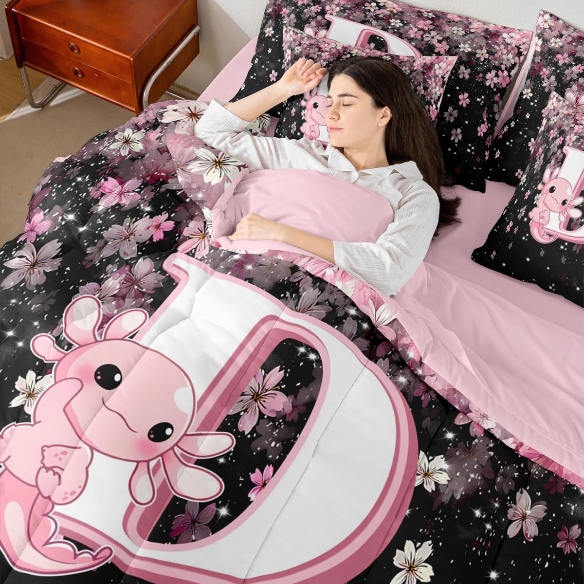 Erosebridal Japanese Cherry Blossom Bed in A Bag (Twin Size,7 Pieces) Cute Initial Axolotl Comforter Set with Sheets for Teen Girl Pink Axolotl Bedding Set with Letter D Design Monogram Duvet Insert