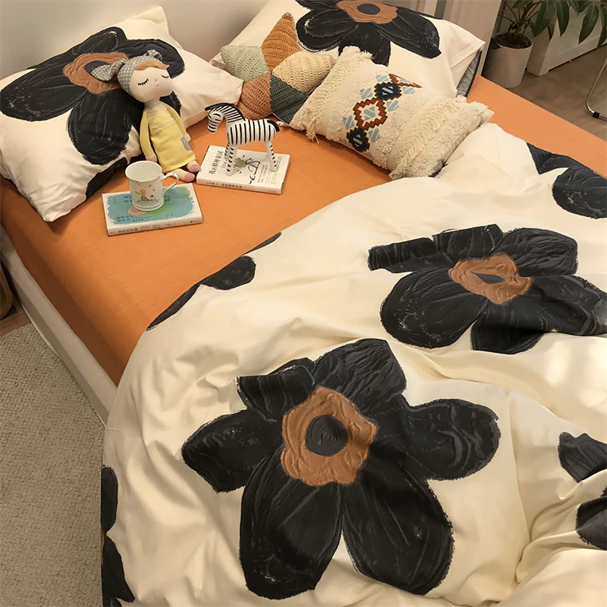 KAREVER Black Floral Comforter Set Black Botanical Bedding Full Women Chic Blankets Lightweight Black Sunflower Reversible Bed Comforter Set Full Size