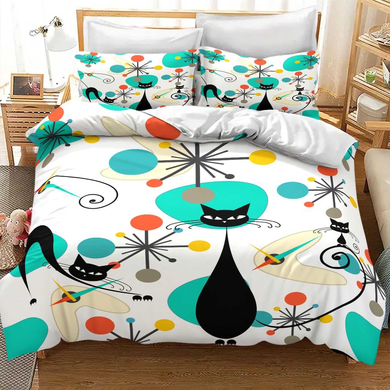Lnepty Mid Century Cat Bedding Set,Retro Black Cat Atomic Diamond Star Abstract Geometric Minimalist Simple Modern Comforter Set with Pillowcase for Bedroom Bed Decor，Twin 86"x70"