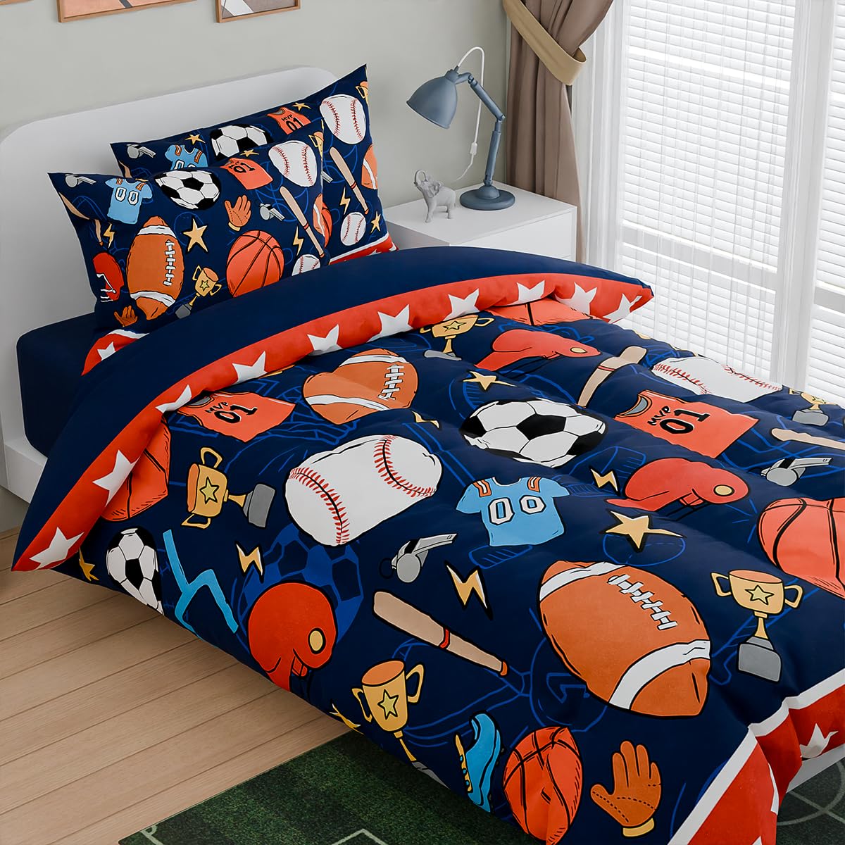 SANDJEST Sports Bedding Sets for Boys, Ultra Soft Microfiber Comforter Bed Set with 3-Pieces, Comforters Sets for Kids Children Boy Bedroom Decor