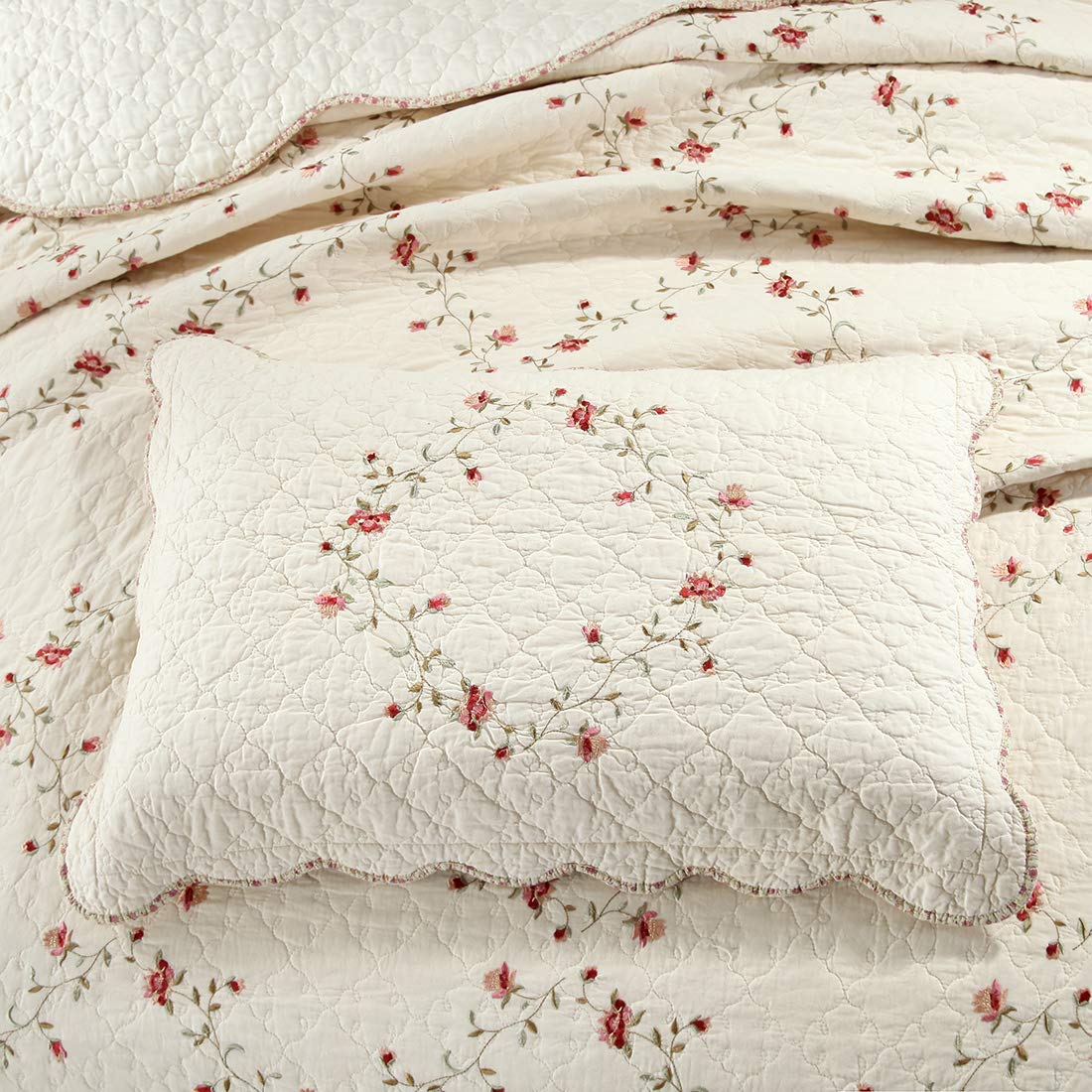 vctops 3-Piece Floral Embroidered Bedspread Coverlet Set Oversize Queen 100% Cotton Reversible Patchwork 1 Quilt and 2 Pillow Shams (Flower,Oversize Queen)