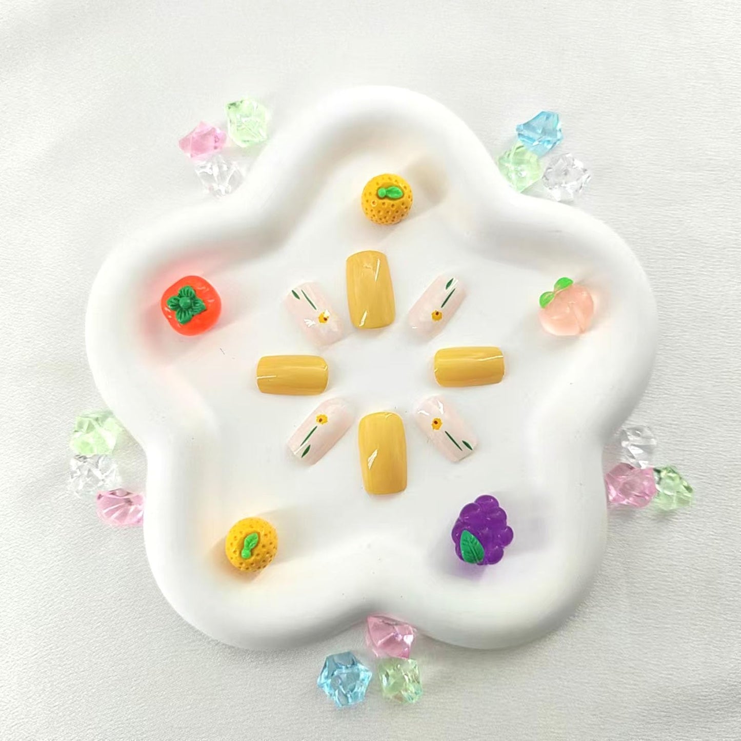 SRIMNUYY Medium Square Press-On False Nails, 24 Pcs, Yellow, Glossy, White Flower Design, Full Cover Acrylic Nails, ABS Plastic, Quick Wear, Full Well Tips