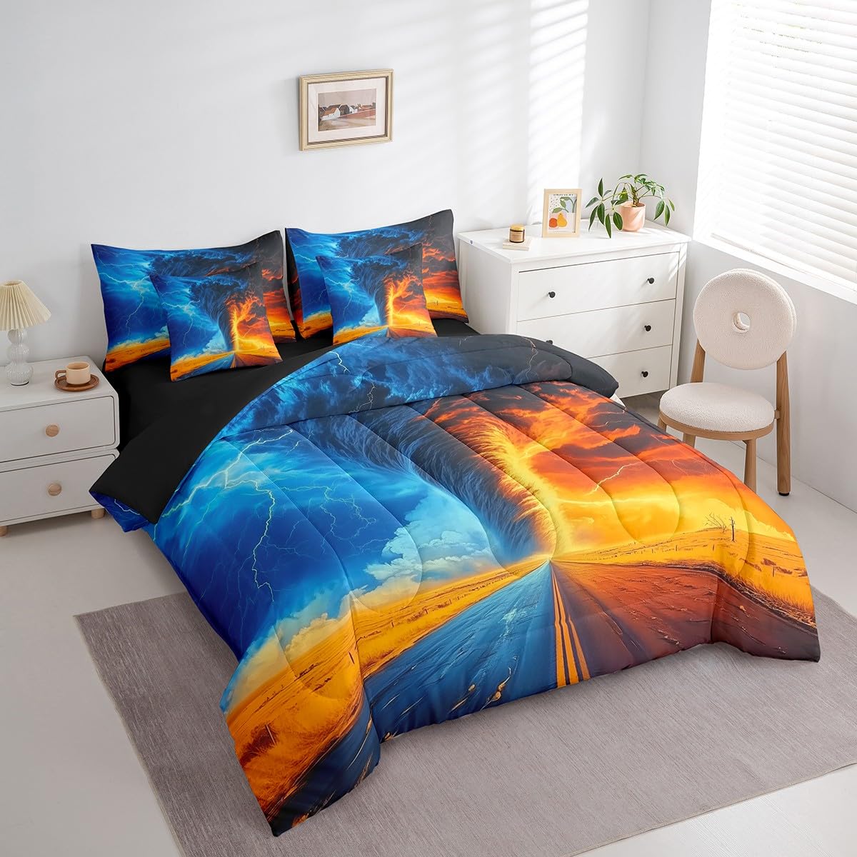Erosebridal Ice Fire Tornado Comforter Set Queen,Orange Blue Lightning Bedding Set for Kids,Nature Weather(Comforter+Fitted+Flat Sheet+2 Pillowcases+2 Pillow Covers),Natural Disaster 7 Pcs Bed Set