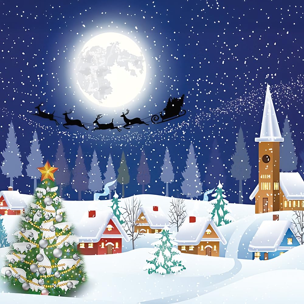 Czrqvyx 4PCS Christmas Holiday Winter Snowman Xmas Tree Santa Shower Curtain Blue Fabric Pine Moon Stars Snow Shower Curtain Christmas Bathroom Decor Curtain, 72Wx72H
