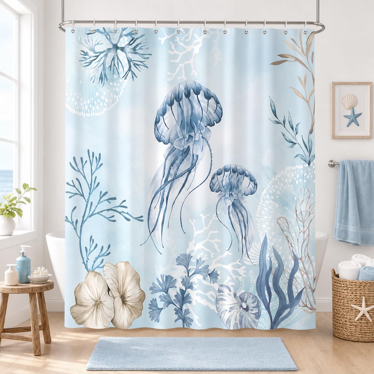 Hopomoon Jellyfish Shower Curtain,Teal Blue Coastal Shells Watercolor Ocean Theme Bathroom Curtain 72x72 Inch,Waterproof Polyester Fabric Summer Bathroom Decor with 12 Hooks