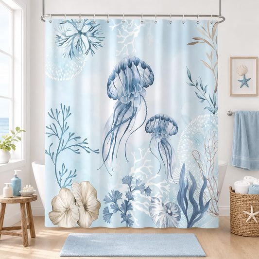 Hopomoon Jellyfish Shower Curtain,Teal Blue Coastal Shells Watercolor Ocean Theme Bathroom Curtain 72x72 Inch,Waterproof Polyester Fabric Summer Bathroom Decor with 12 Hooks
