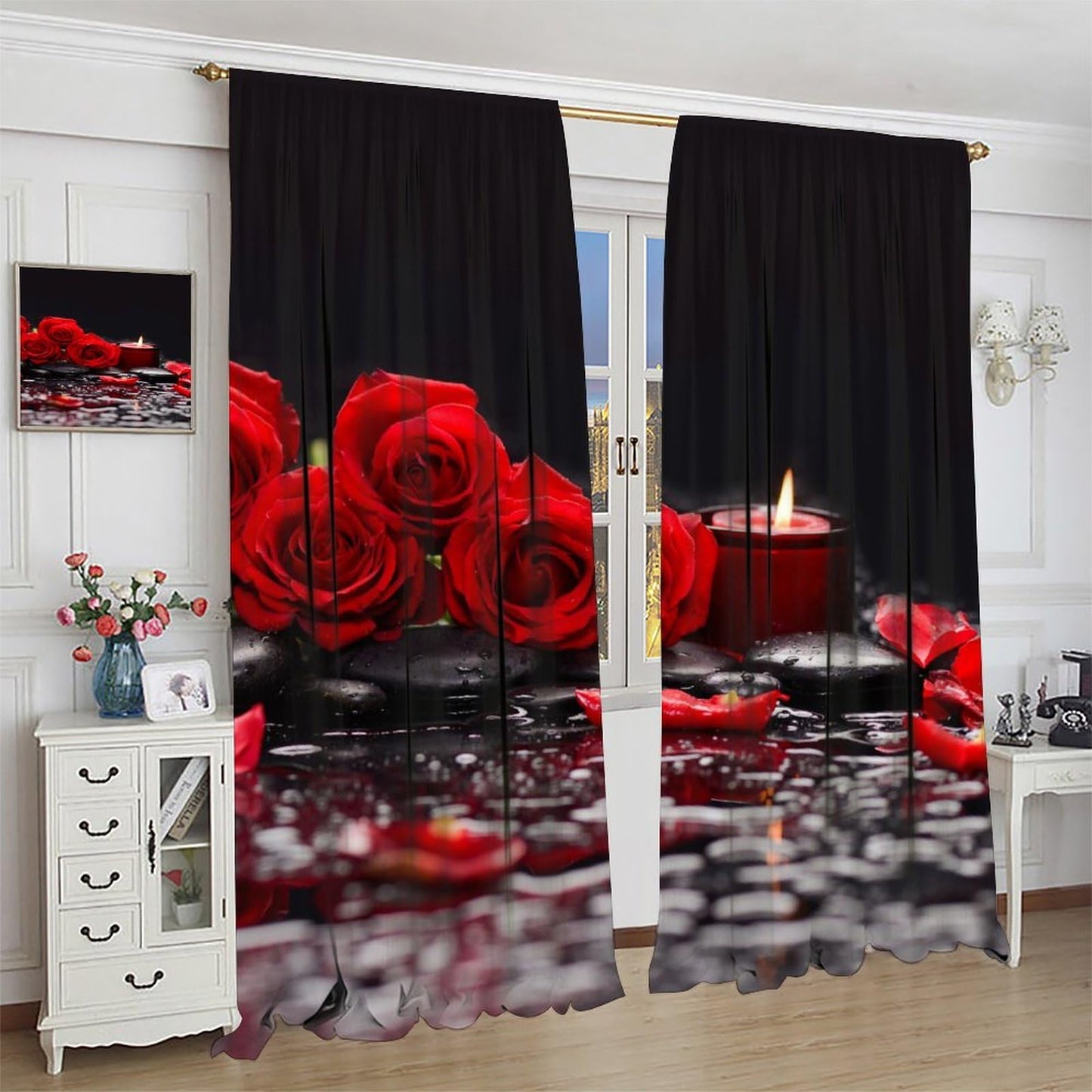 AAVEUP Red Rose Curtains for Girls,Raindrops Stone Candle Aesthetic Red Art Flower Rose Water Flower Window Drapes Print for Kids Women Bedroom Living Room Bathroom 42x45in（No Blackout）