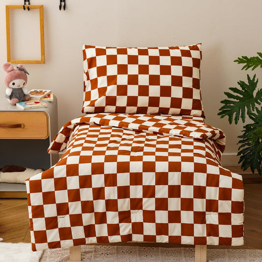 CLOTHKNOW 4Pieces Brown Plaid Toddler Bedding Sets for Boys Girls Grid Comforter, Soft Crib Bed Set Including Comforter, Flat Sheet, Fitted Sheet and Pillowcases