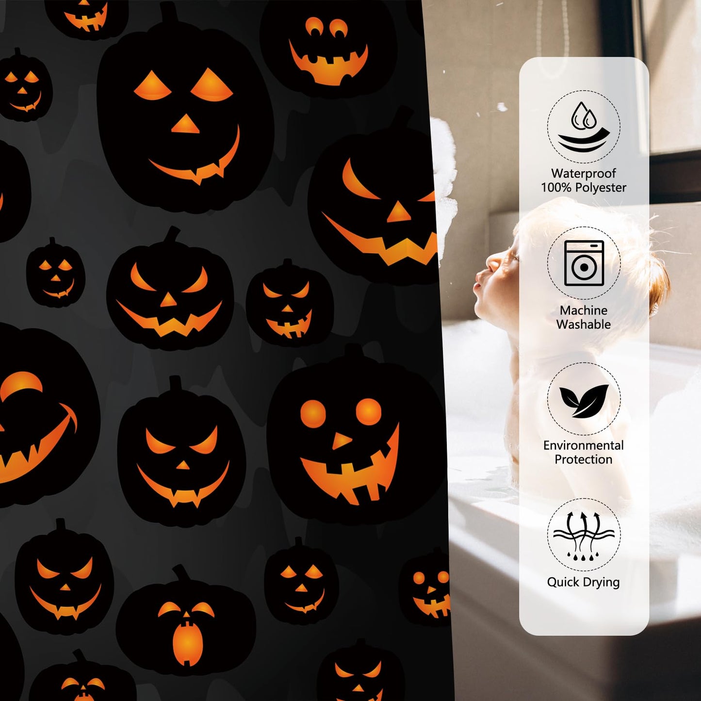 MEHOFOND Halloween Pumpkin Shower Curtain Evil Pumpkin Shower Curtain Black Fall Shower Curtains for Bathroom Decor Washable Durable Fabric Shower Curtains 72x72 inch