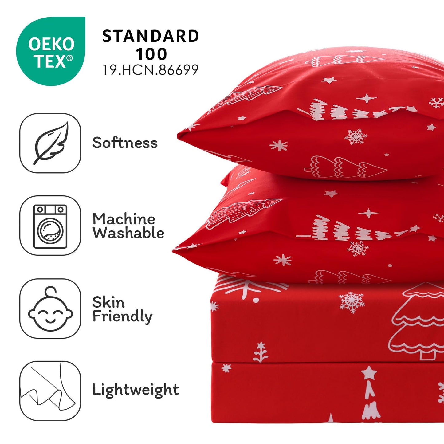 JSD Red Christmas Tree Kids Sheet Set Twin Size, 3 Piece Soft Printed Microfiber Sheets Deep Pocket