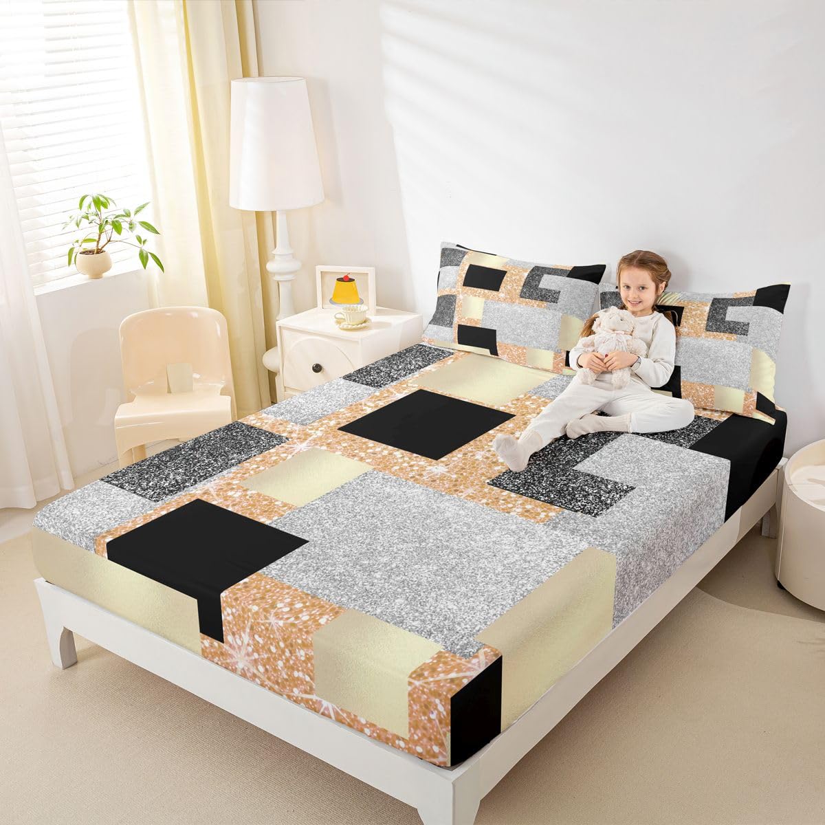 Feelyou Modern Abstract Bed Sheets Set Queen Size Geometric Aesthetic Bed Set Yellow Glitter Deep Pocket Fitted Sheet Breathable Soft Lightweight Microfiber