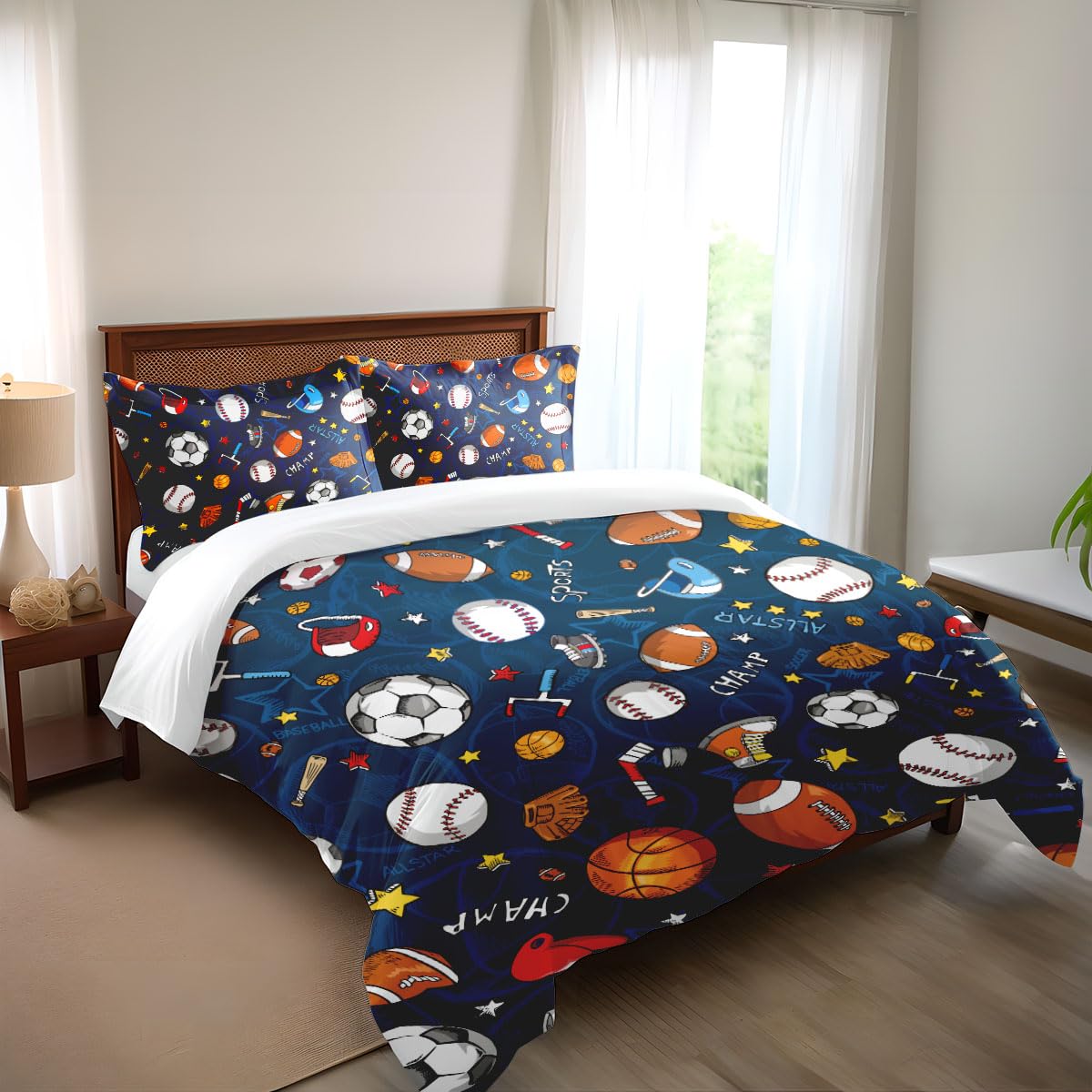 SHOMPE Sports Comforter Sets Bed in A Bag Full Size,3D Soccer Basketball Baseball Football Theme Quilt Set for Kids Boys Children Fans Bedding Decorative