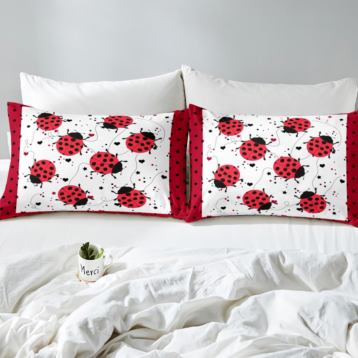 Red Ladybug Fitted Sheet Full Size Cartoon Ladybugs Sheet Set for Kids Child,Cute Ladybird Reptile Bed Sheets Beetles Bugs Pattern Flat Sheet Chic Nature Art Lady Beetle Wild Animal Room Decor