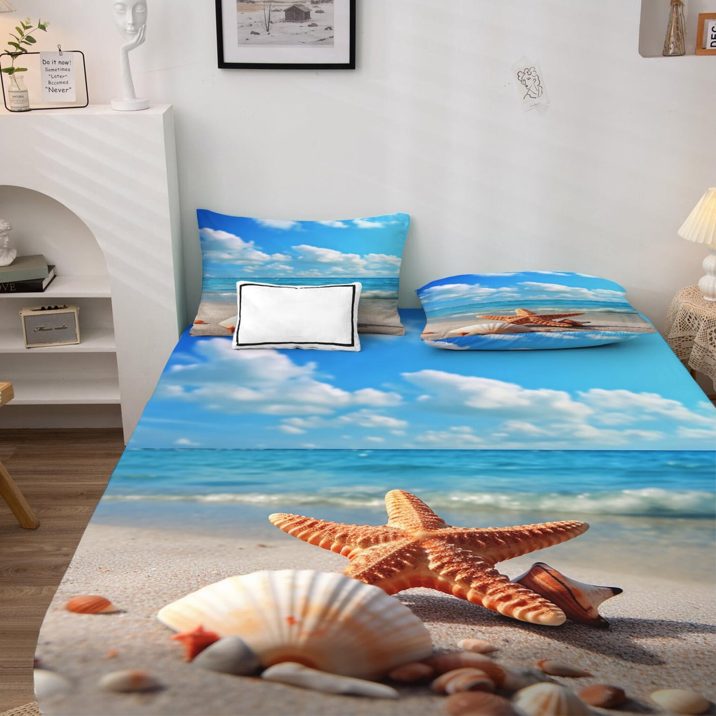 King Size Sheets Set - Beach Theme Bed Sheets, Starfish and Seashell Bedding Sheets & Pillowcases, Soft Microfiber & Deep Pocket & Wrinkle Free Sheet Set, 1 Fitted Sheet, 1 Flat Sheet, 2 Pillow Cases