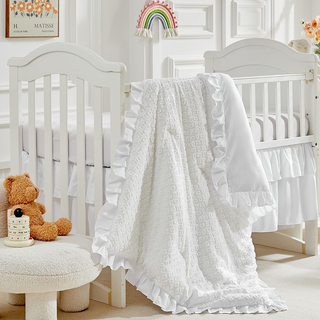 3 Pieces Tufted Crib Bedding Set with Ruffle Fringe, White Ruffled Comforter with Fitted Sheet and Bed Skirt , Soft and Embroidery Shabby Chic Boho Bohemian Jacquard Design for Baby Girls Boys