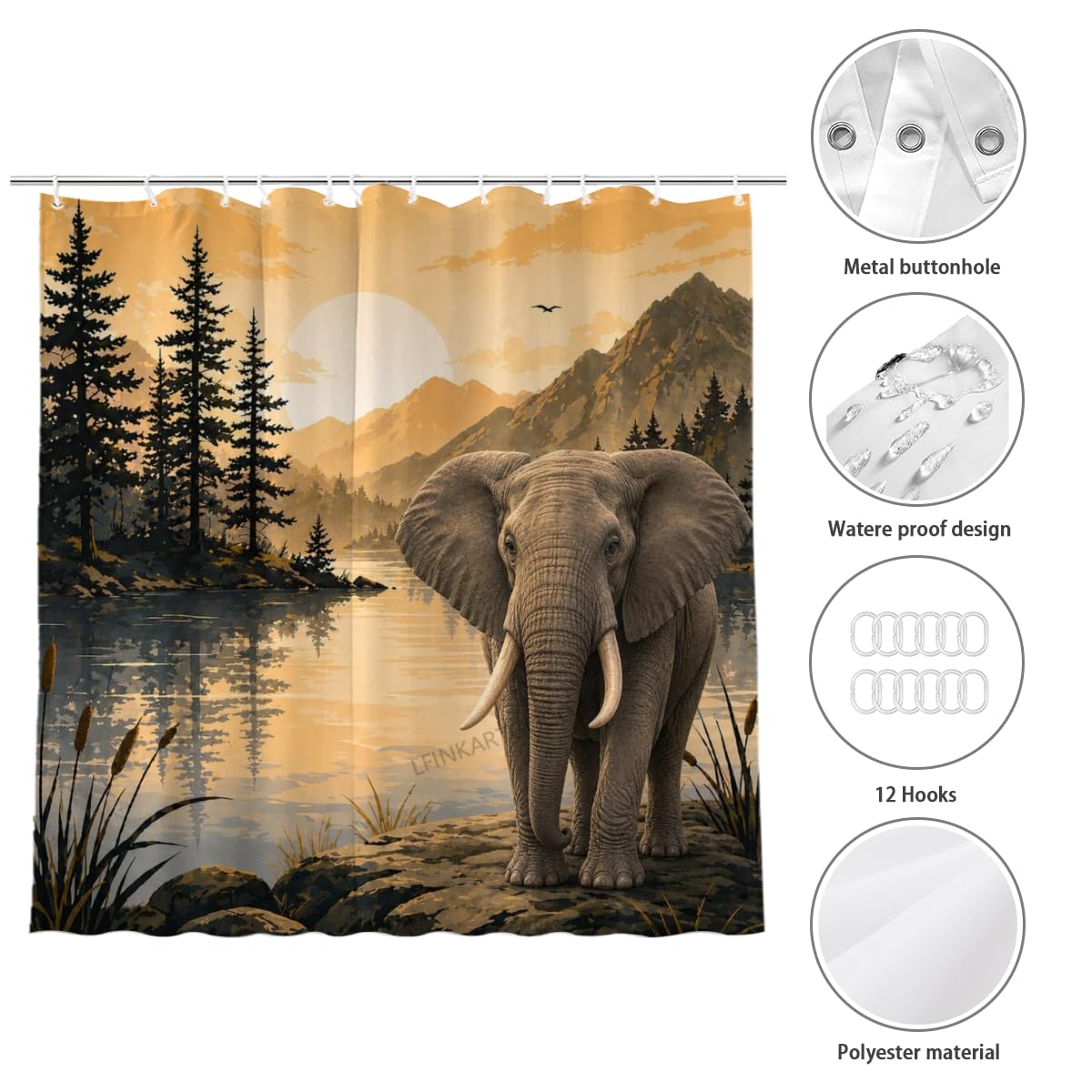 LFINKARTGOGO Cute Elephant Shower Curtain Mountain Lake with Forest and Sunset Landscape 72x72 with 12 Hooks Waterproof Washable Polyester Bath Curtain for Home Hotel Decor