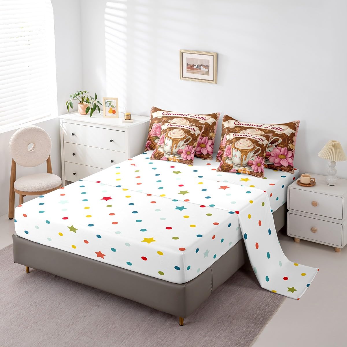 Erosebridal Caramel Lattle Bedding Set for Kids Teens,Afternoon Tea Comforter Set Full Size,Oil Painting Rose Daisy (Comforter+Fitted+Flat Sheet+2 Pillowcases+2 Throw Pillow Covers) 7 Pieces Bed Set