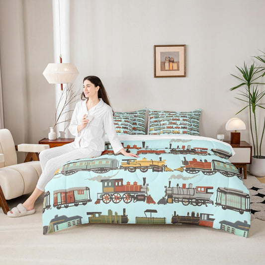 7 Pieces Twin Size Cartoon Train Comforter Set,Retro Steam Engine Train Bedding Set for Boys Girls,Railroad Track Transport Teal boho (Comforter+Fitted+Flat Sheet+2 Pillowcases+2 Throw Pillow Covers)