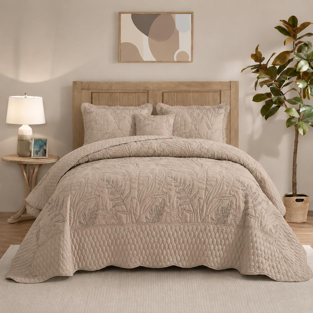 DaisyHuang Botanical Oversized Bedspread King Size - Leaves Pattern Stitching Quilt Set - Elegant & Fresh Style Bedding Coverlets, Reversible, Lightweight, 5 Piece, Taupe