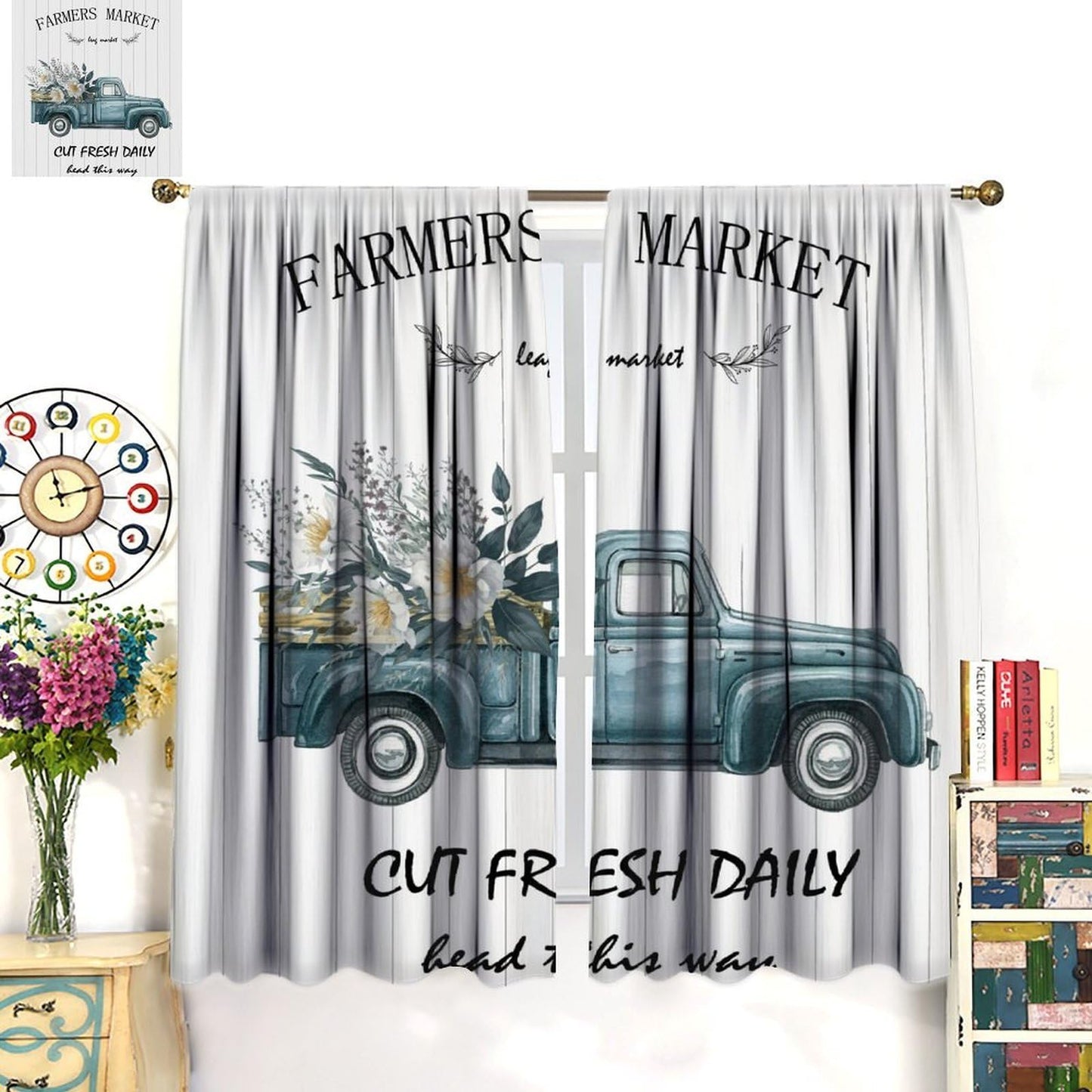 Nanacur Country Farmhouse Truck Curtains, Rural Farmhouse Truck Wooden Spring Flowers Plants Window Drapes, for Bedroom Living Room 42" W X 45" L (Decorative)