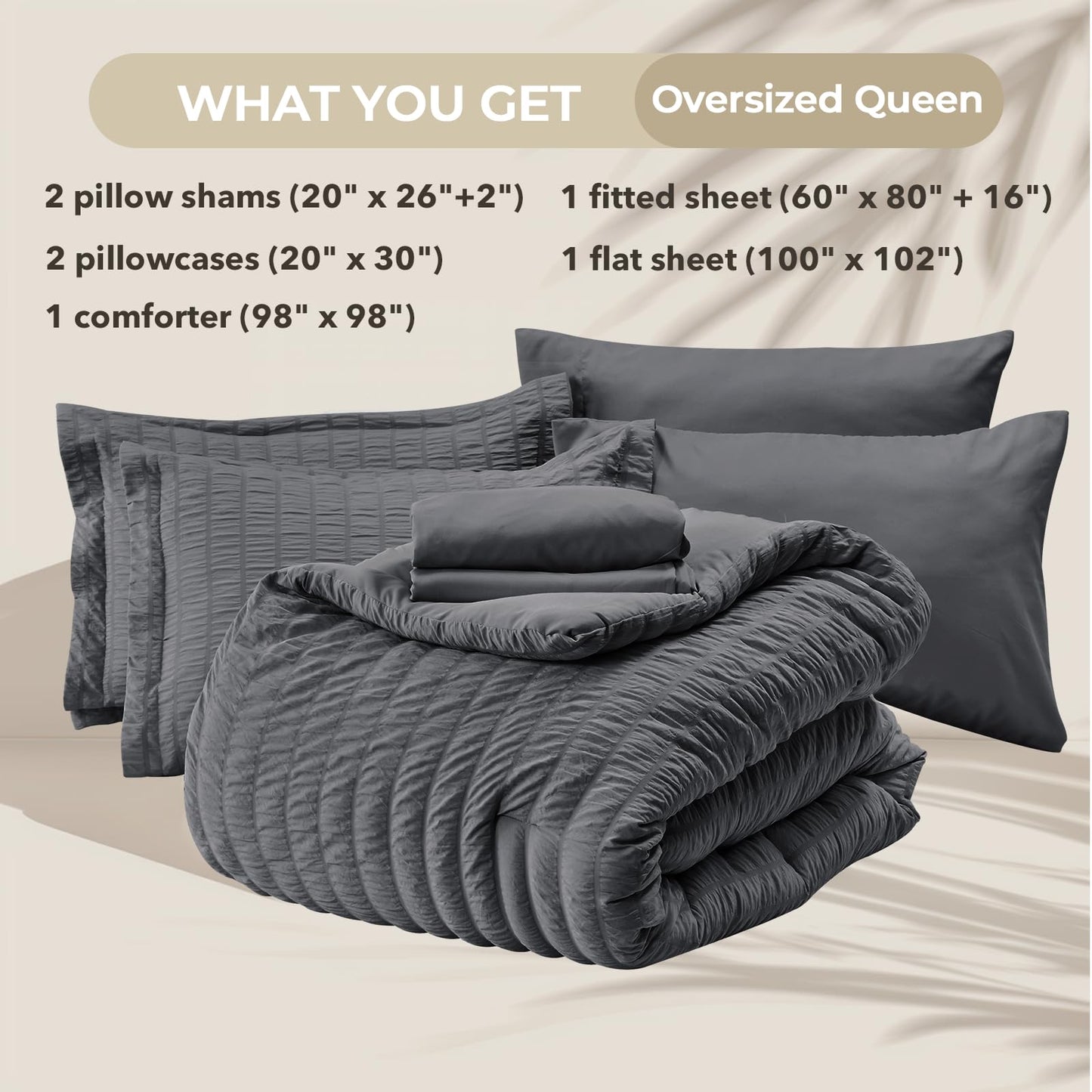 HYMOKEGE Oversized Queen Comforter Set Seersucker 7 Pieces, All Season Luxury Bed in a Bag for Bedroom, Bedding Set with Comforter, Sheets, Pillowcases & Shams, Dark Grey