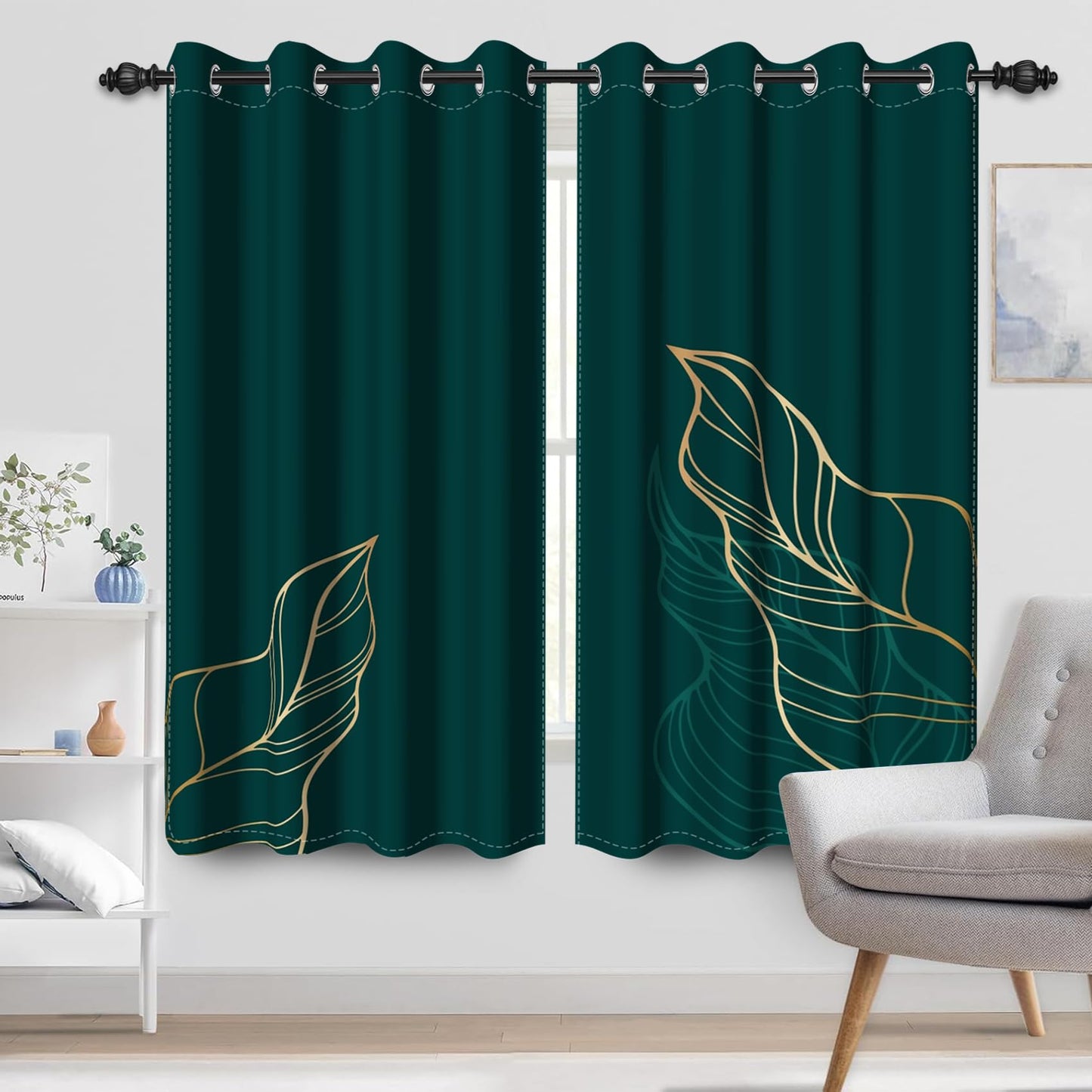 Renaiss Dark Green Blackout Curtains for Bedroom Golden Leaves Line Window Curtain Insulated Thermal Window Drapes for Living Room Decor Darkening Curtains 2 Panels Set, 42x63 Inch