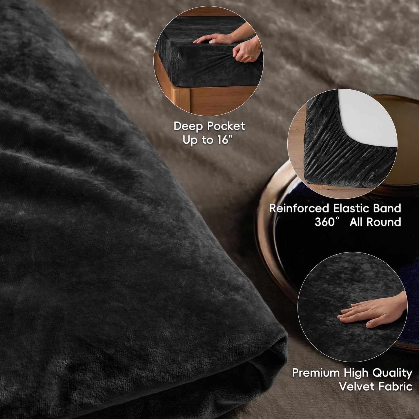 PHF Truly Velvet Fitted Sheet Only Full Size, Luxury Super Soft Cozy Fuzzy Fleece Bottom Sheet, Deep Pocket Up to 16",Strenghth Elastic Band, Suitable for Fall Winter Spring, No Pillowcases, Black