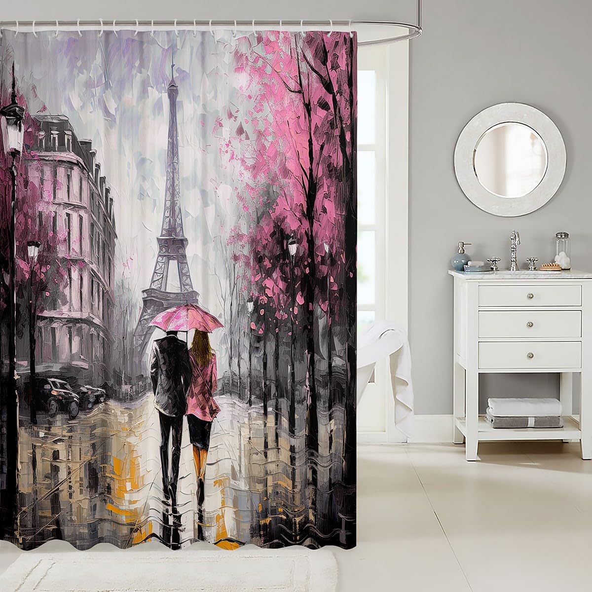 jejeloiu Pink Eiffel Tower Shower Curtain 72"x78" Couple Valentine's Day Bathroom Shower Curtain Set for Girls Women Lover Romantic Paris Bath Curtain France Trip Bathroom Accessories