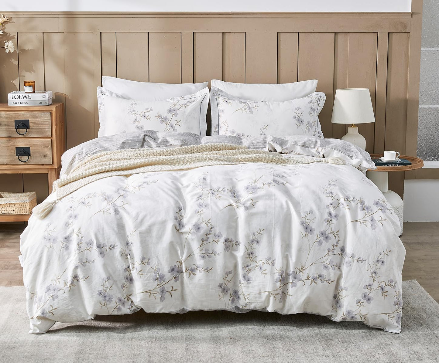 SLEEPBELLA Comforter King Size, 600 Thread Count Cotton White Printed with Purple Botanical Comforter Set,Down Alternative Bedding Set 3Pcs(King, Purple Botanical)