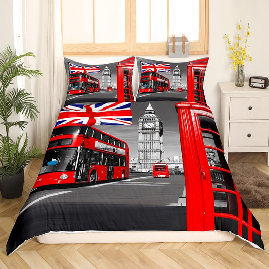 Feelyou London Bedding Set Red Phone Booth Printed Duvet Cover for Kids Adults Romantic Britain Cityscape Comforter Cover Luxury Soft Bedspread Cover Bedroom Collection 3Pcs Queen Size