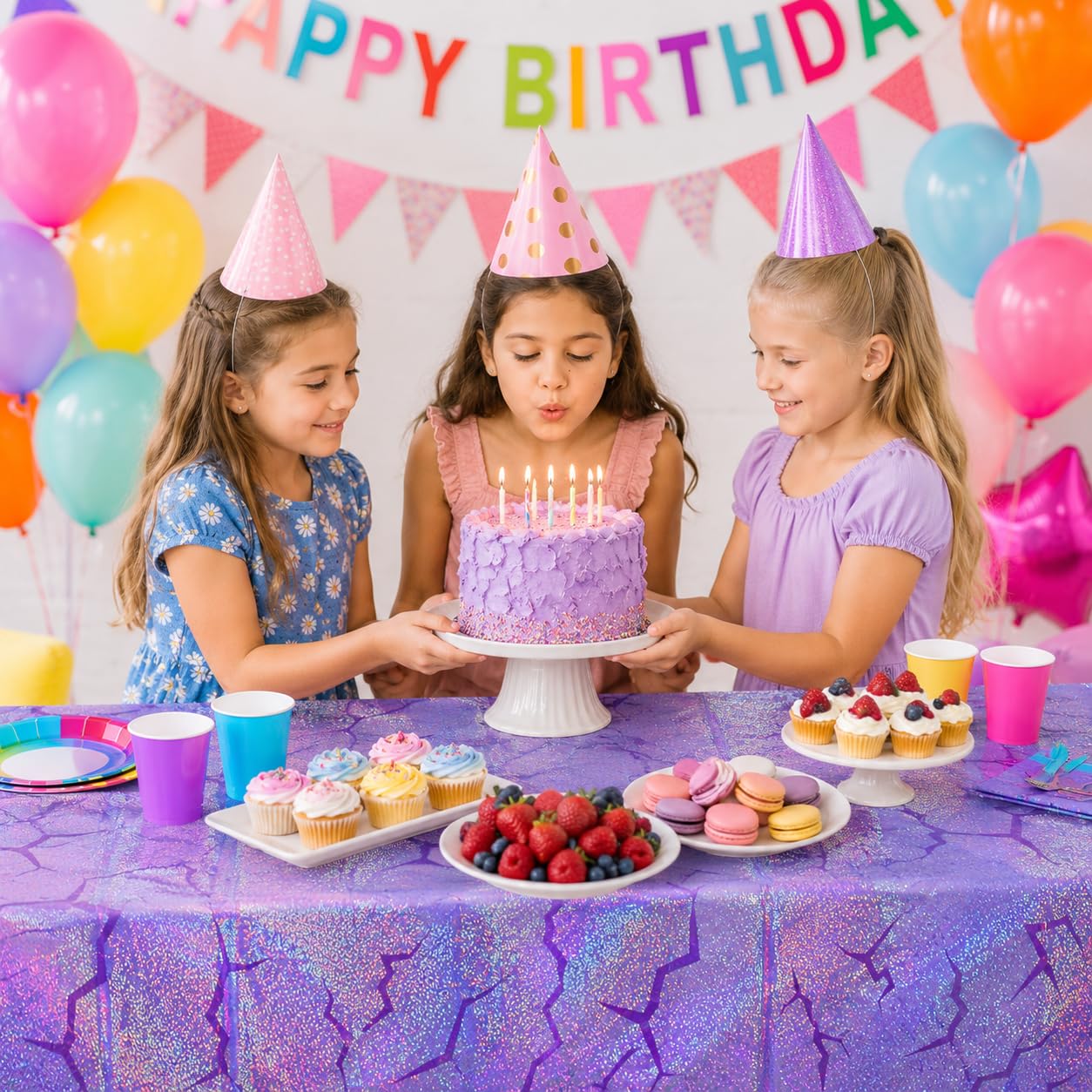 LHFYACI 4 Pack K-Style Holographic Laser Purple Tablecloth, Iridescent Party Decorations, Shiny Lightning Disposable Table Covers for Birthday, Bridal Shower, Bachelorette, Disco Party, 54x108 Inch