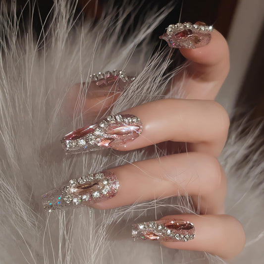 IMSOHOT Long Press on Nails Coffin Glitter Fake Nails Shiny Pink Rhinestone Full Cover False Nails Luxury Ballerina Artificial Acrylic Glue on Nails for Women 24Pcs